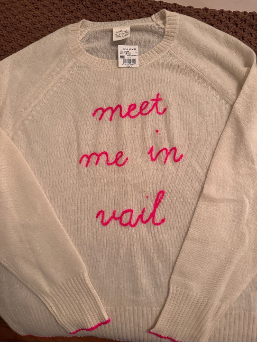 Talbots Cream Crewneck Sweater with Pink Script "Meet Me in Vail"